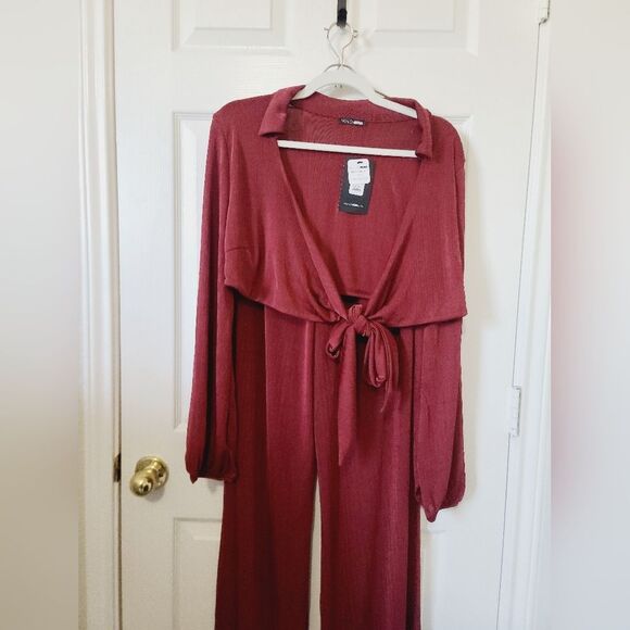 Fashion Nova Hello Lover Slinky Pant Set Cord Brick Red Maroon Ribbed XL - Picture 10 of 12